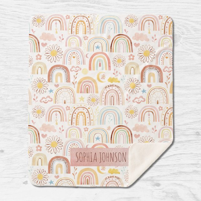 Cute Colourful Rainbows and Daisy Flowers Abstract Sherpa Blanket (Close up)