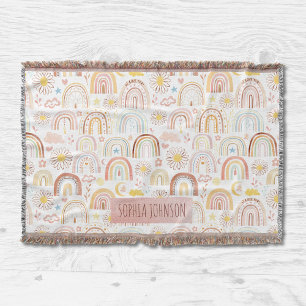 Cute Colourful Rainbows and Daisy Flowers Abstract Throw Blanket