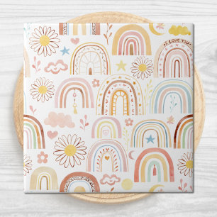 Cute Colourful Rainbows and Daisy Flowers Abstract Tile