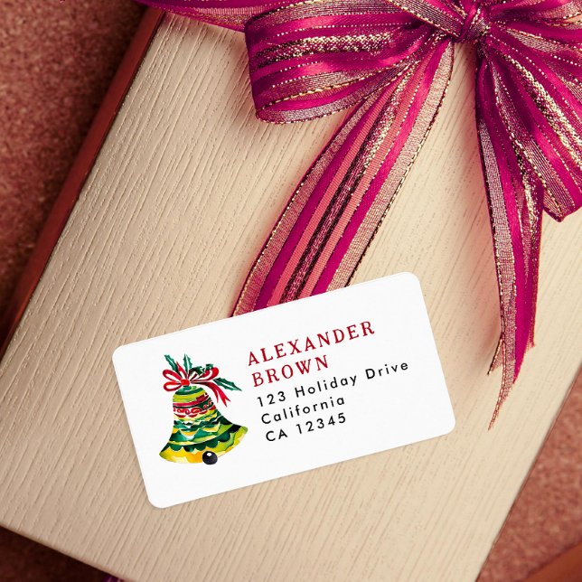 Cute Colourful Red And Green Christmas Bell Addres Label (Creator Uploaded)