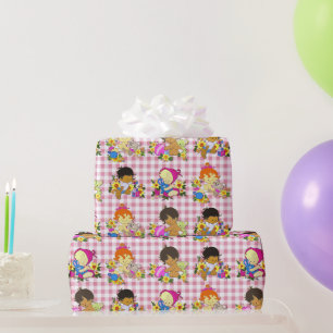 Cute Colourful Retro Baby Pattern on Pink Plaid Wrapping Paper