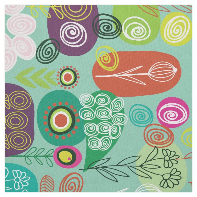 Cute Colourful Retro Cartoon Floral Pattern Fabric (Swatch)