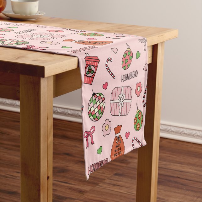 Cute Colourful Retro Christmas Pink Short Table Runner (In Situ)