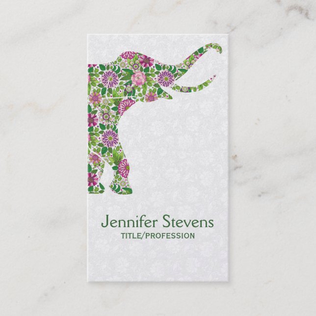 Cute Colourful Retro Floral Elephant 2 Business Card (Front)