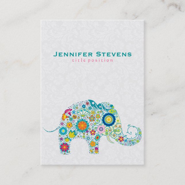 Cute Colourful Retro Floral Elephant Business Card (Front)