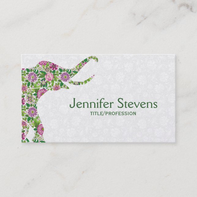 Cute Colourful Retro Floral Elephant Business Card (Front)