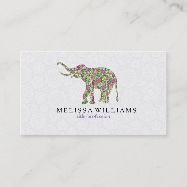 Cute Colourful Retro Floral Elephant Illustration Business Card (Front)