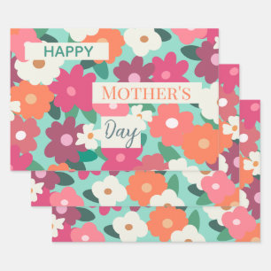  Cute Colourful Retro Floral / Mother's Day        Wrapping Paper Sheet