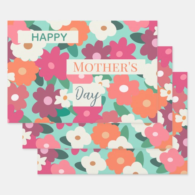  Cute Colourful Retro Floral / Mother's Day        Wrapping Paper Sheet (Set)