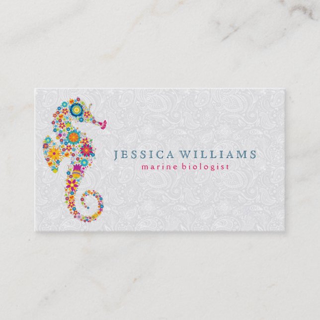 Cute Colourful Retro Floral Sea Horse Business Card (Front)