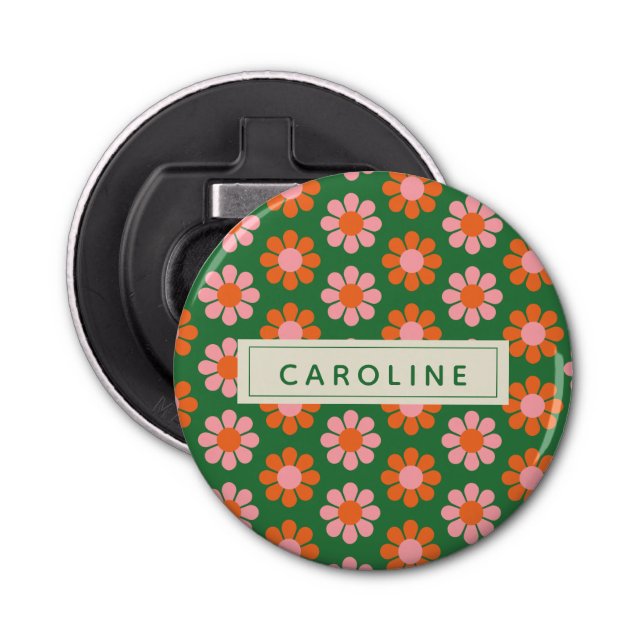 Cute Colourful Retro Flower Pattern Green Pink Nam Bottle Opener (Front)