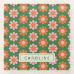 Cute Colourful Retro Flower Pattern Green Pink Nam Glass Coaster<br><div class="desc">Personalised Cute Colourful Retro Flower Pattern Green and Pink Glass Coaster</div>