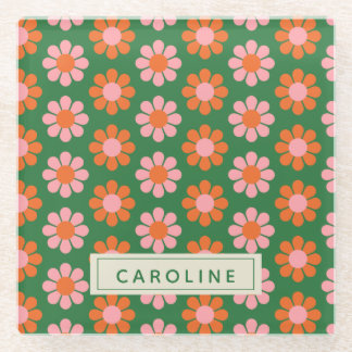 Cute Colourful Retro Flower Pattern Green Pink Nam Glass Coaster