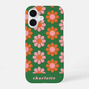 Cute Colourful Retro Flower Pattern Green Pink Nam iPhone 16 Case