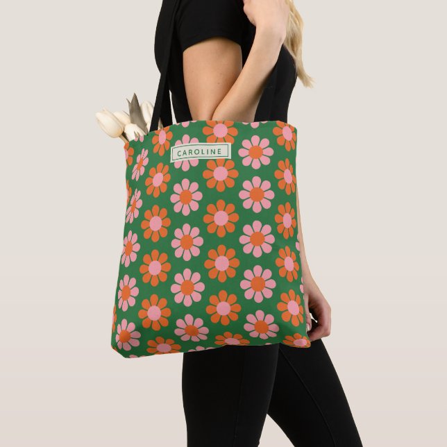 Cute Colourful Retro Flower Pattern Green Pink Nam Tote Bag (Close Up)