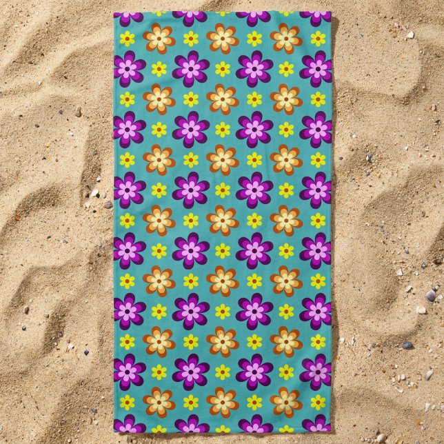 Cute Colourful Retro Flowers Beach Towel (Cute Colorful Retro Flowers Beach Towel on sandy beach.)