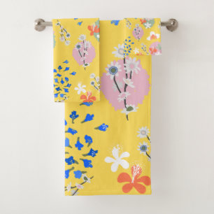 Cute colourful retro flowers l Yellow  Bath Towel Set