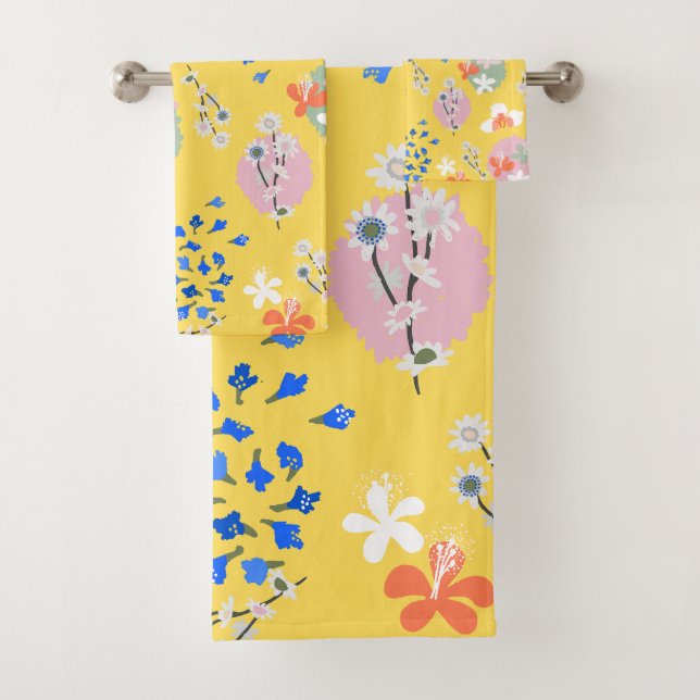 Cute colourful retro flowers l Yellow  Bath Towel Set (Insitu)