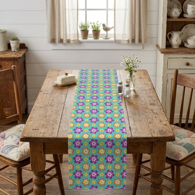 Cute Colourful Retro Flowers Large Table Runner (Cute Colorful Retro Flowers Large Table Runner covering a table in a cottagecore style dining room.)