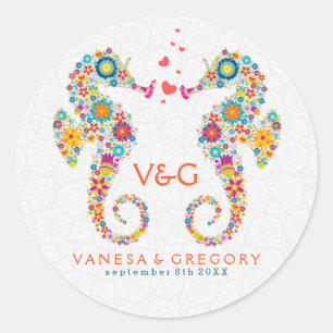 Cute Colourful Retro Flowers Love Sea Horses Classic Round Sticker