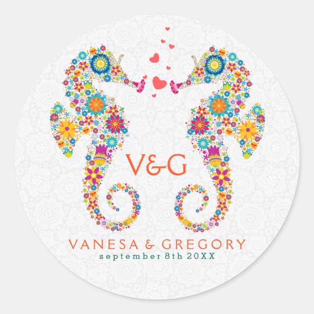 Cute Colourful Retro Flowers Love Sea Horses Classic Round Sticker (Front)