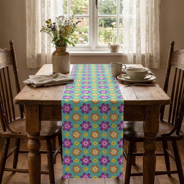 Cute Colourful Retro Flowers Medium Table Runner (Cute Colorful Retro Flowers Medium Table Runner covering a table in a cottagecore style dining room.)