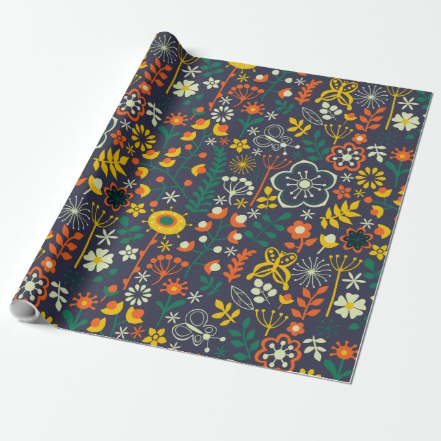 Cute colourful retro flowers pattern wrapping paper (Unrolled)