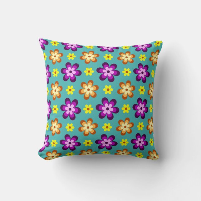 Cute Colourful Retro Flowers Throw Pillow (Front)
