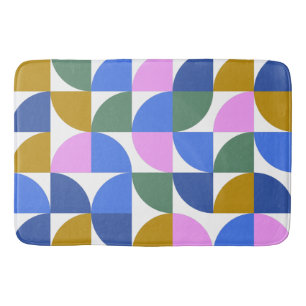 Cute Colourful Retro Geometric Shapes Pattern Blue Bath Mat