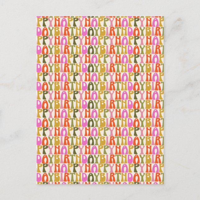 Cute Colourful Retro Happy Birthday Text Pattern   Postcard (Front)