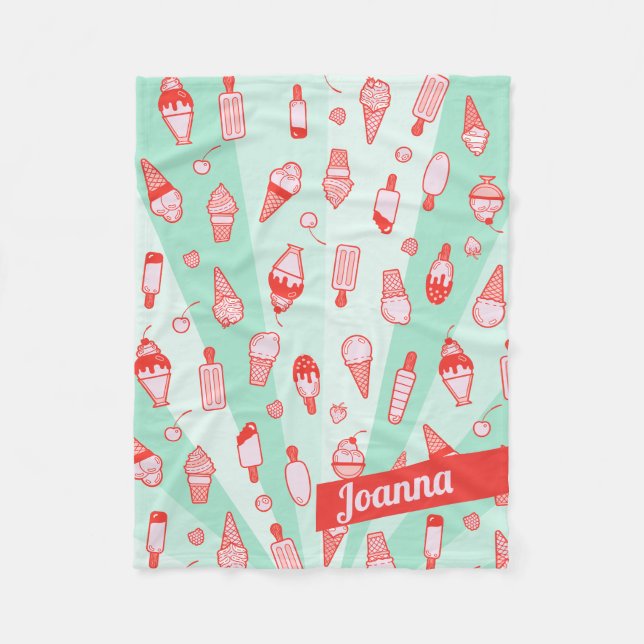 Cute Colourful Retro Personalised Ice Cream Fleece Blanket (Front)
