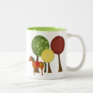 Cute Colourful Retro Ponies and Trees Horse Two-Tone Coffee Mug