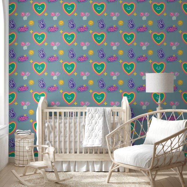 Cute Colourful Retro Smiley Peace OMG Pattern Wallpaper (Kids)