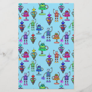 Cute colourful robots on blue background stationery