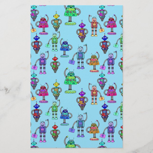 Cute colourful robots on blue background stationery (Front)