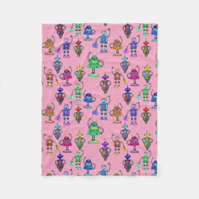 Cute colourful robots on pink background fleece blanket (Front)