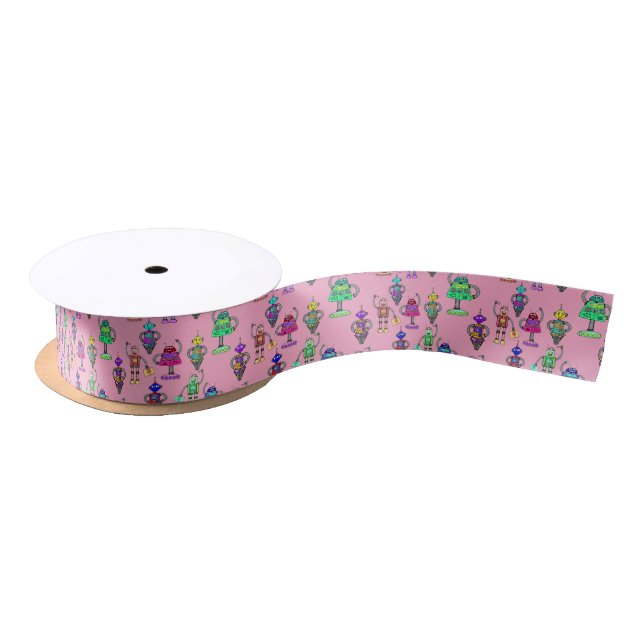 Cute colourful robots on pink background satin ribbon (Spool)