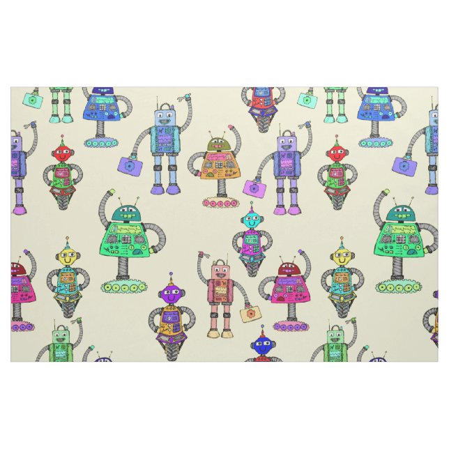 Cute colourful robots on yellow background fabric (Fat Quarter)