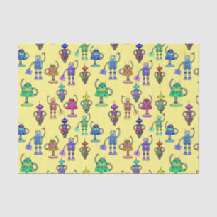 Cute colourful robots on yellow background tissue paper