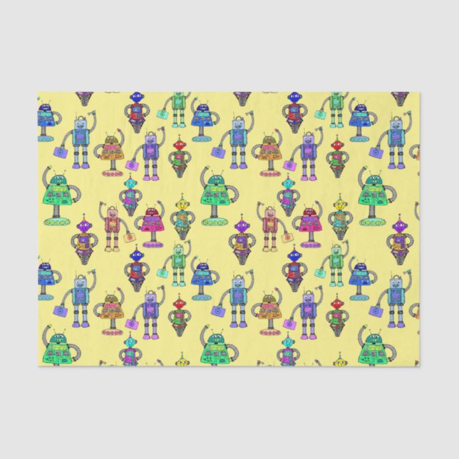 Cute colourful robots on yellow background tissue paper (Front)