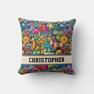 🤖Cute colourful robots with custom name Cushion