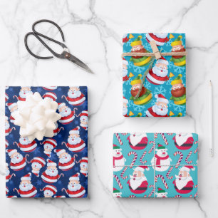 Cute Colourful Santa Claus and Snowmen Wrapping Paper Sheet