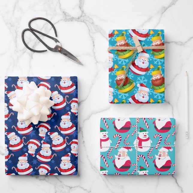 Cute Colourful Santa Claus and Snowmen Wrapping Paper Sheet (Front)