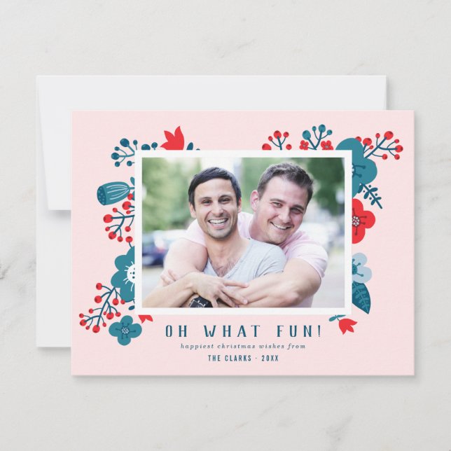 Cute Colourful Scandinavian Floral Christmas Photo Holiday Card (Front)