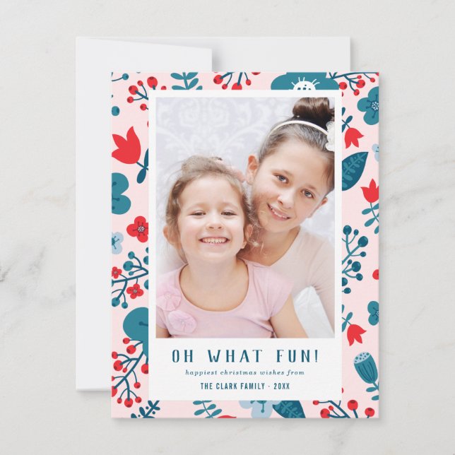 Cute Colourful Scandinavian Floral Christmas Photo Holiday Card (Front)