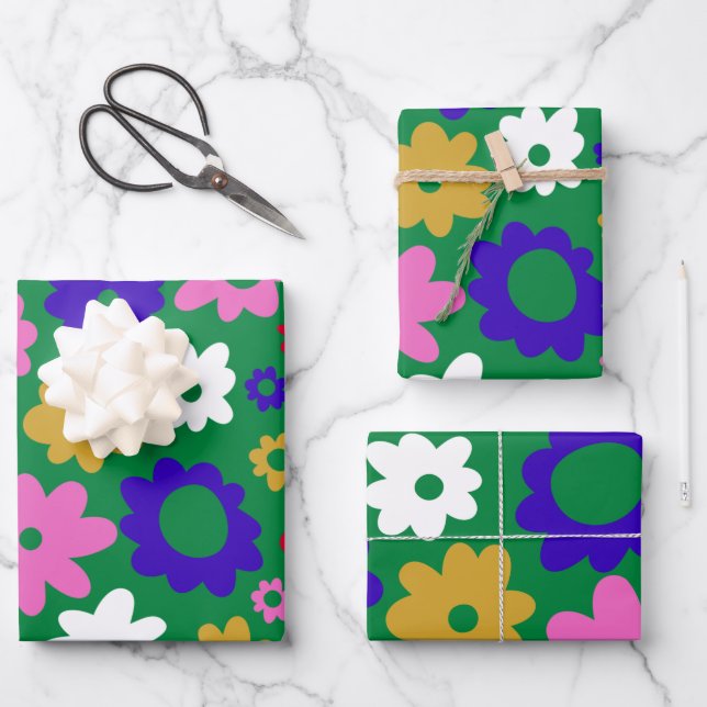 Cute Colourful Scandinavian Flower Pattern in Gree Wrapping Paper Sheet (Front)