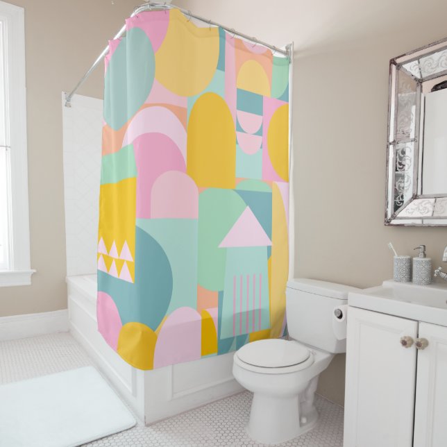 Cute Colourful Scandinavian Geometric Shape Collag Shower Curtain (In Situ)