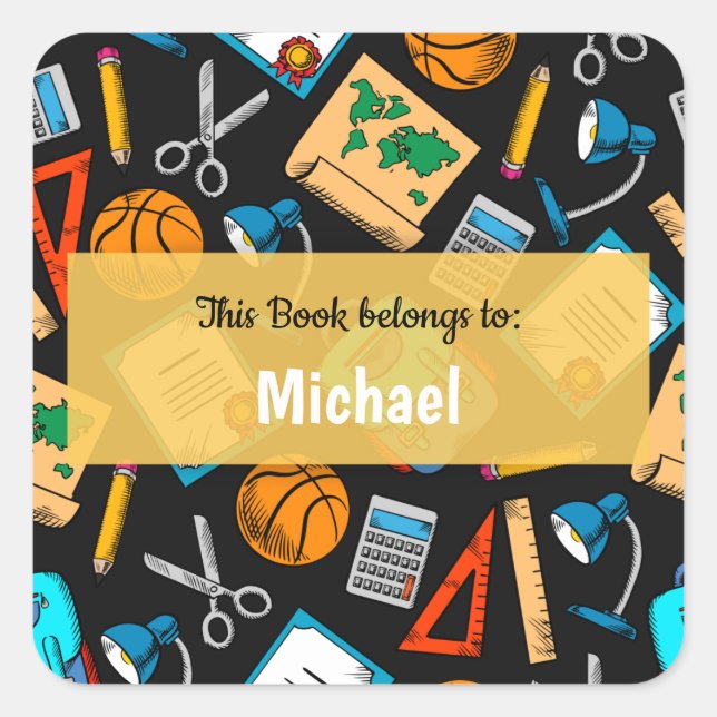 Cute Colourful School Supplies Kids Book Name Labe Square Sticker (Front)