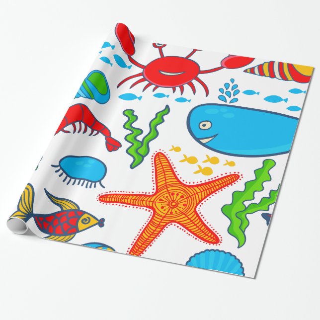 Cute Colourful Sea-Life Illustration Pattern Wrapping Paper (Unrolled)