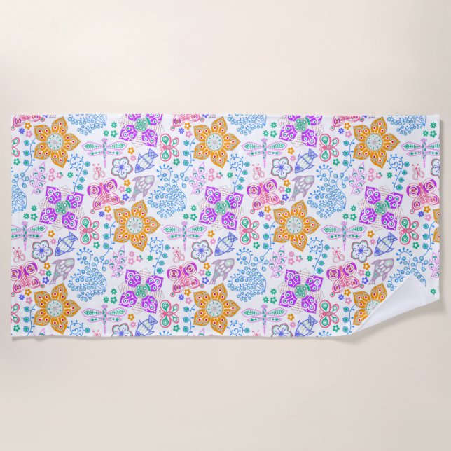 Cute colourful seamless floral nature pattern beach towel (Front)